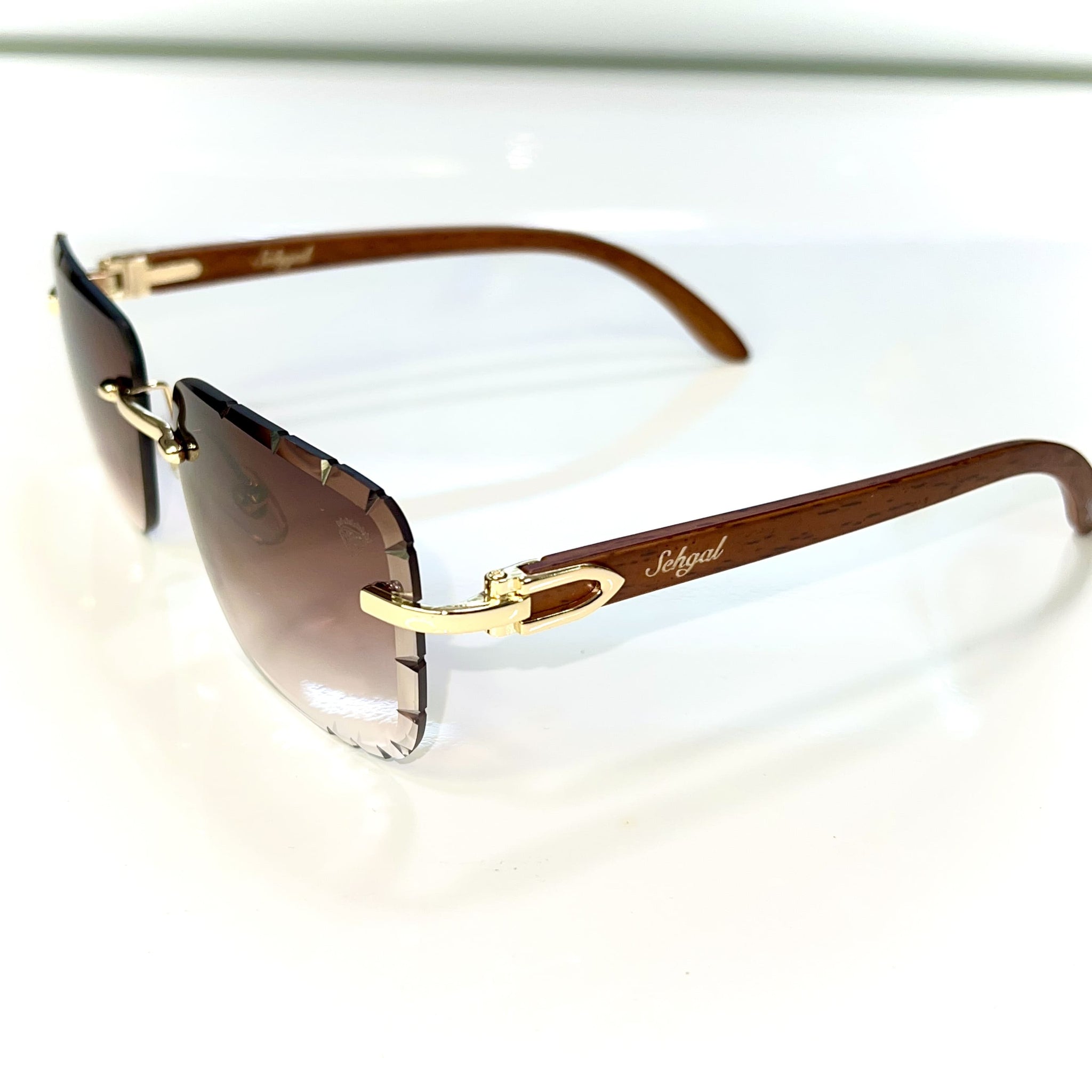 Woodcut 2.0 Glasses - Diamond cut / 14 carat gold plated / Woodgrain side - Brown Shade - Sehgal Glasses
