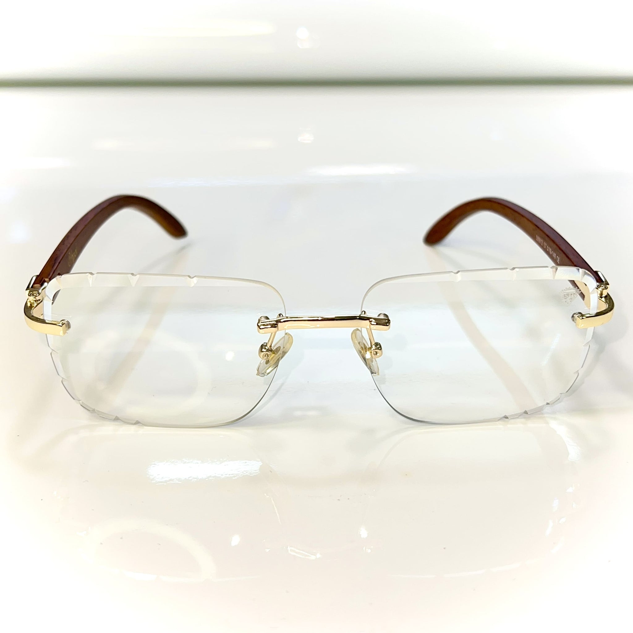 Woodcut 2.0 Glasses - Diamond cut / 14 carat gold plated / Woodgrain side - Transparent Shade - Sehgal Glasses