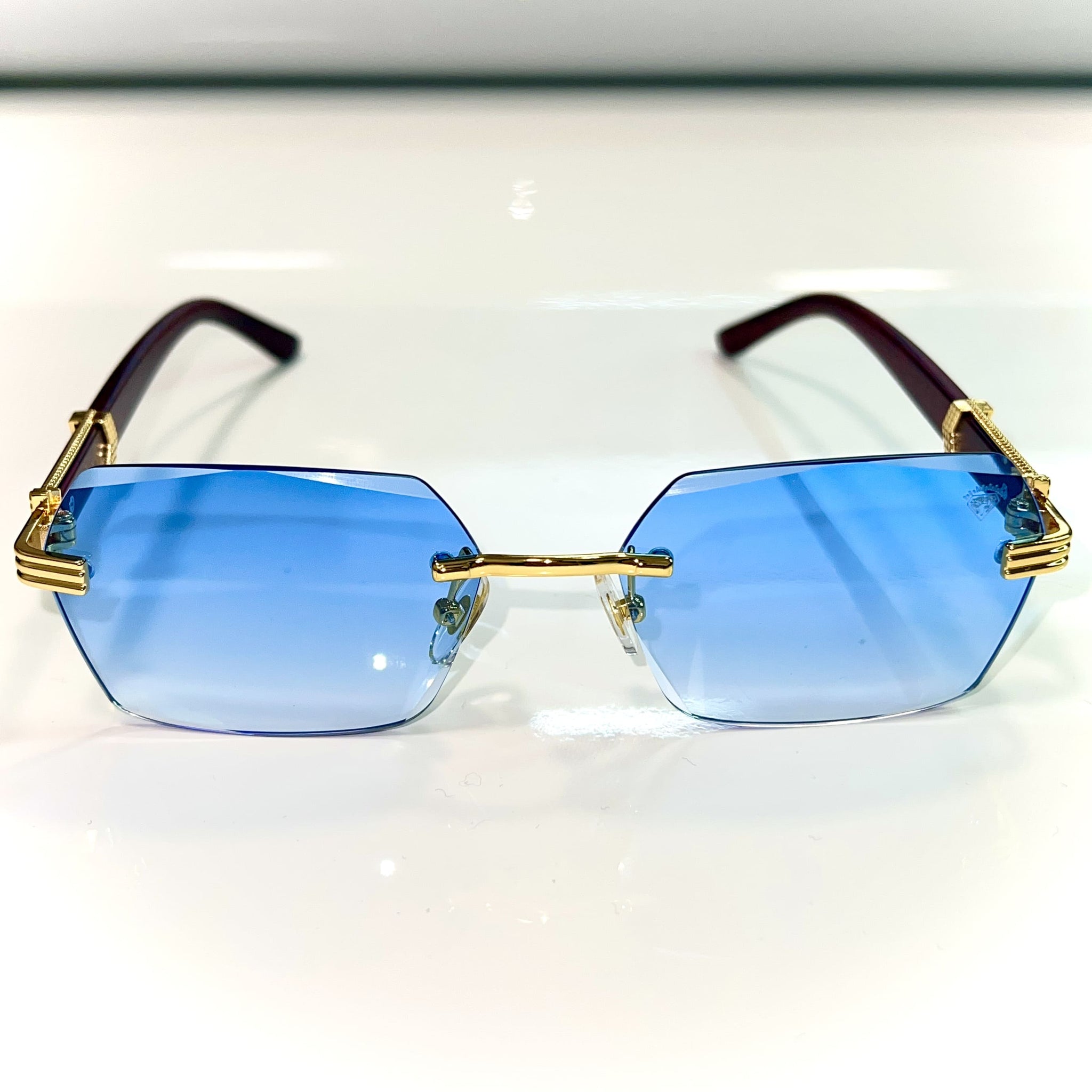 Sehgal Woodcut glasses - 14k gold plated - Blue shade - Gold / Woodgrain frame