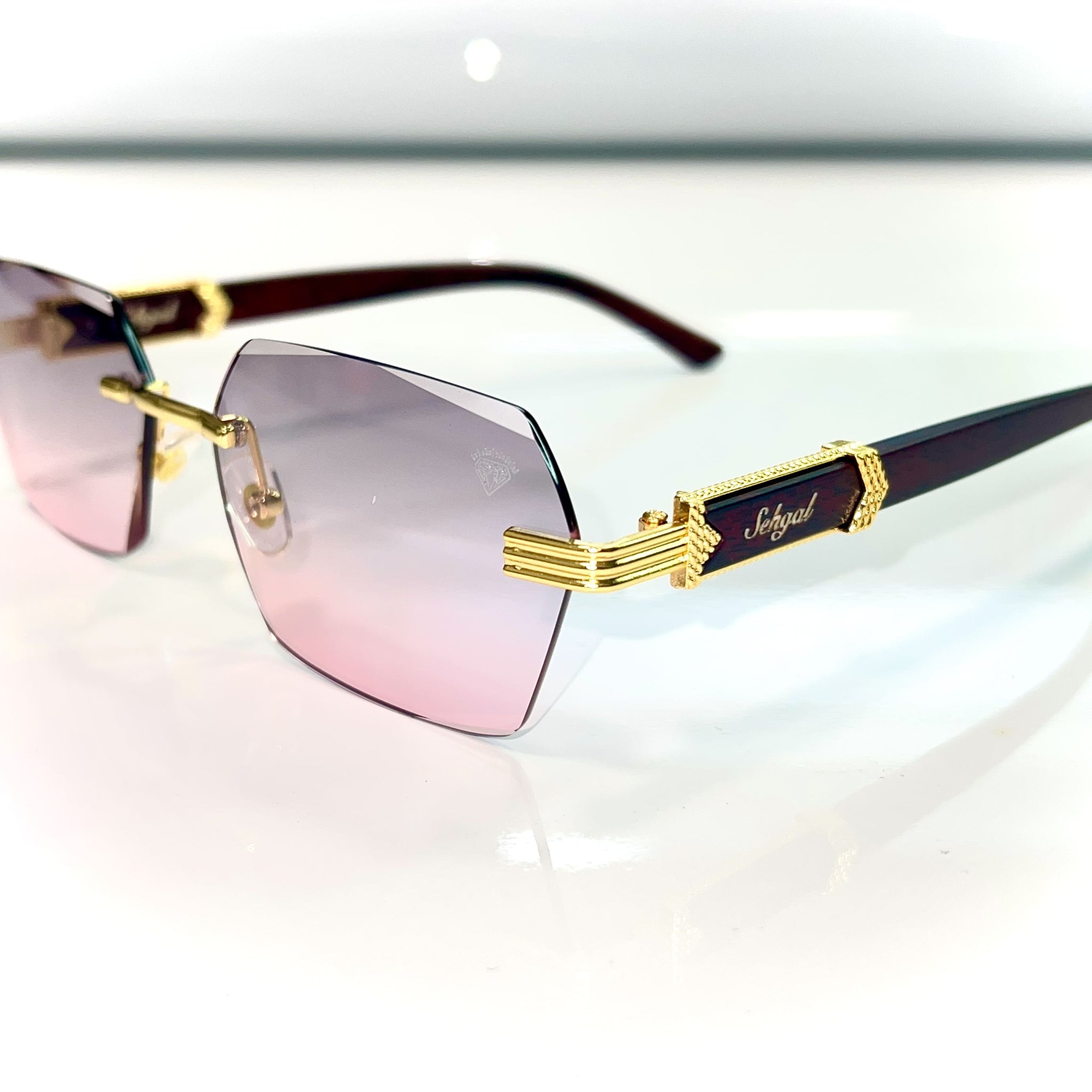 Sehgal Woodcut glasses - 14k gold plated - Pink shade - Gold / Woodgrain Frame