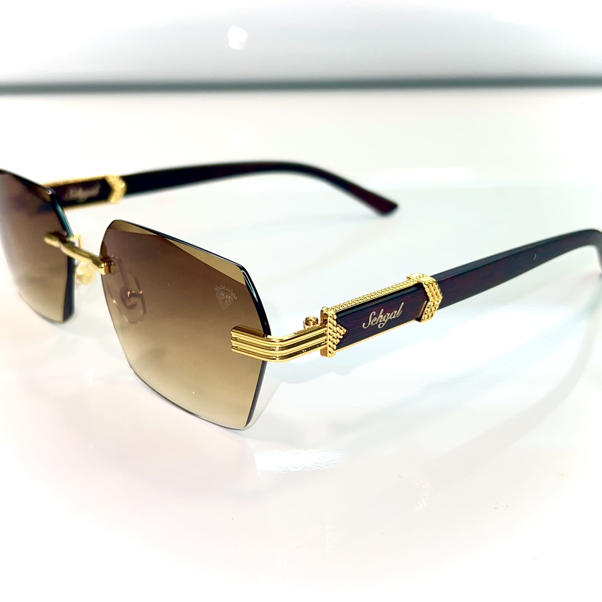 Sehgal Woodcut Glasses - 14k gold plated - Brown shade - Gold / Woodgrain Frame