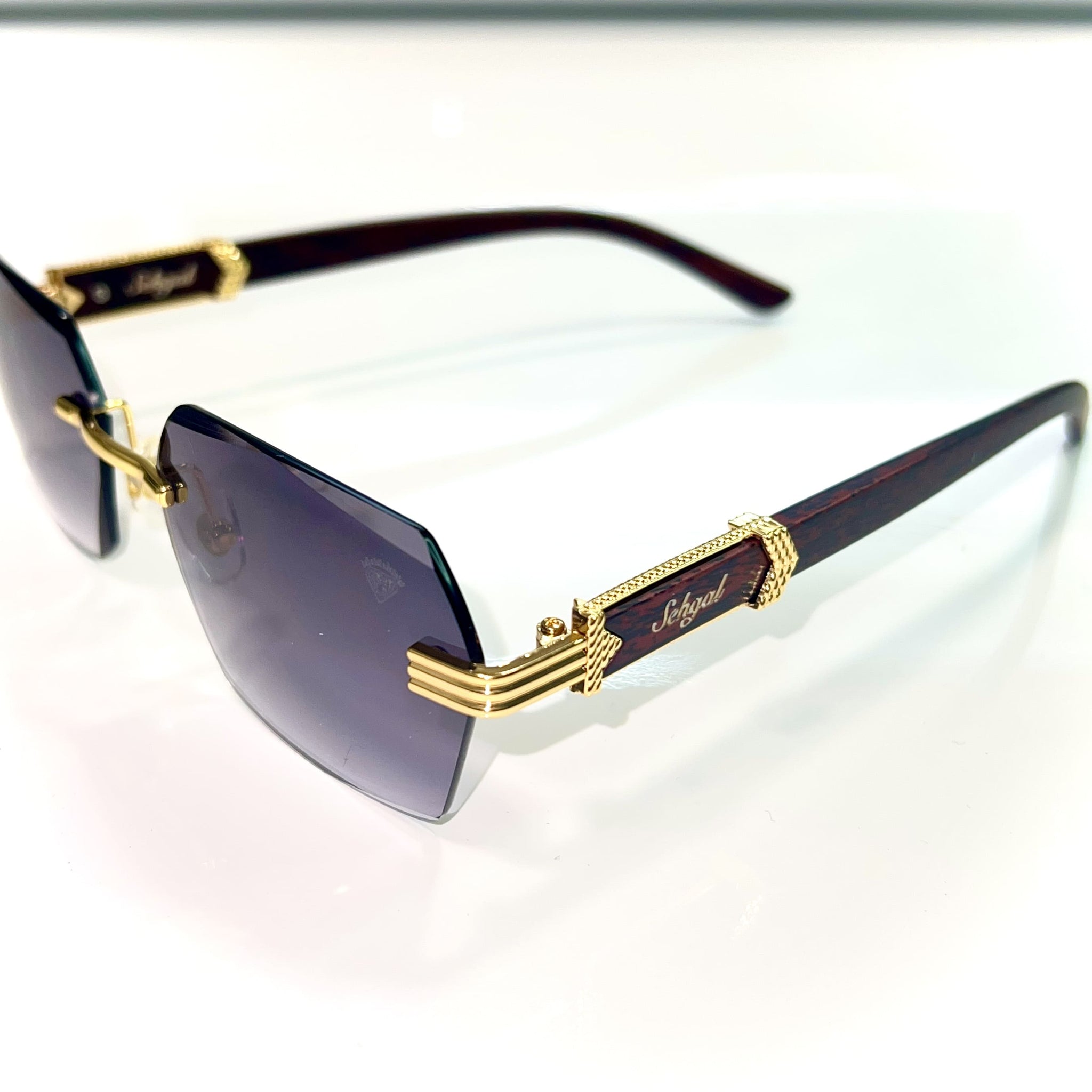 Sehgal Woodcut glasses - 14k gold plated - Grey shade - Gold / Woodgrain frame