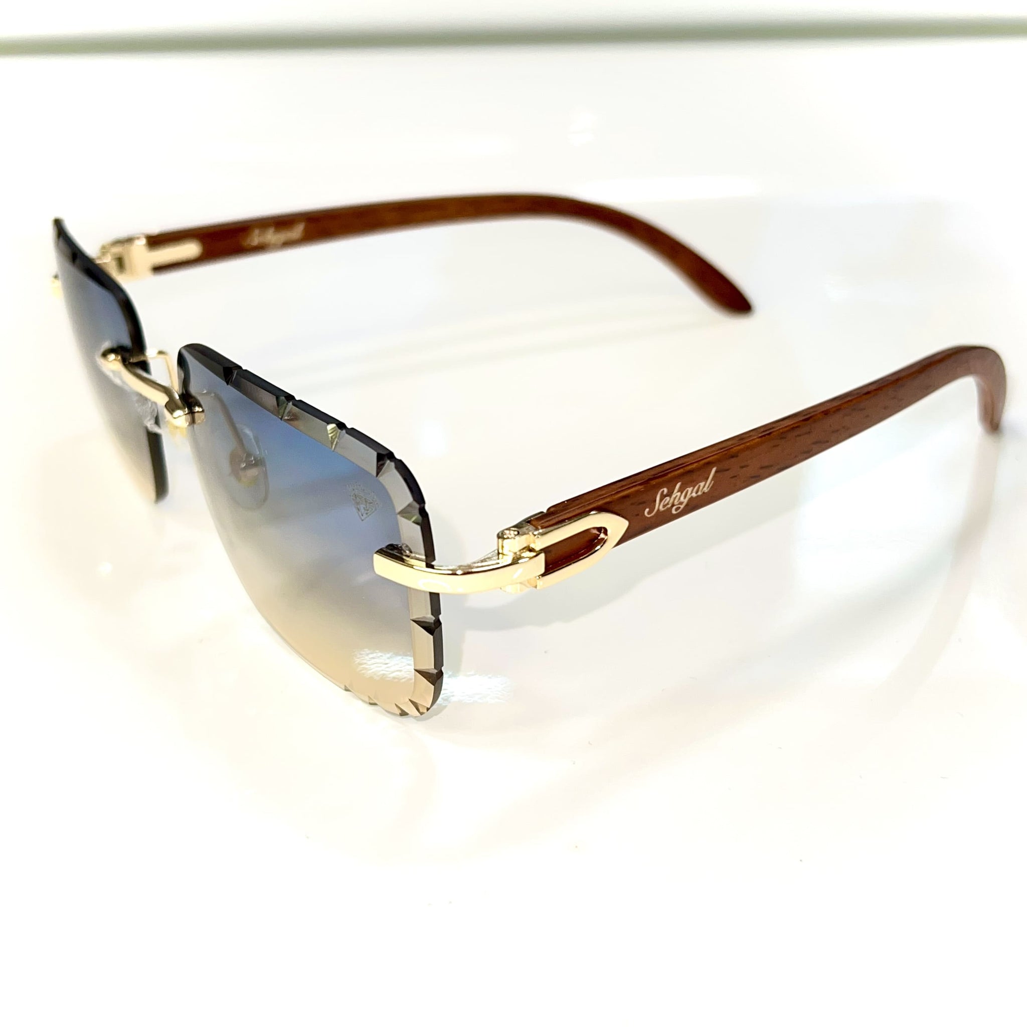 Woodcut 2.0 Glasses - Diamond cut / 14 carat gold plated / Woodgrain side - Blue Shade - Sehgal Glasses