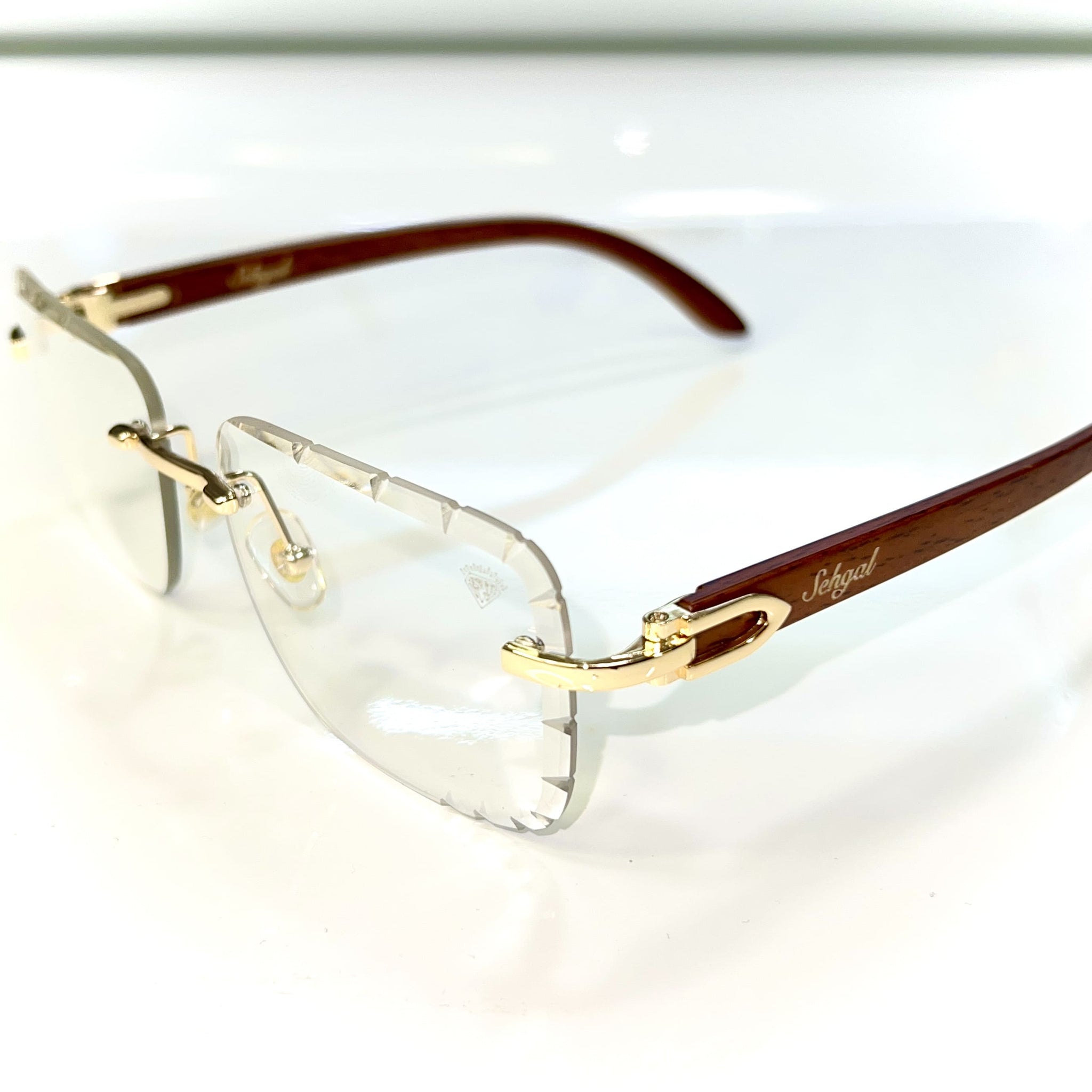 Woodcut 2.0 Glasses - Diamond cut / 14 carat gold plated / Woodgrain side - Transparent Shade - Sehgal Glasses